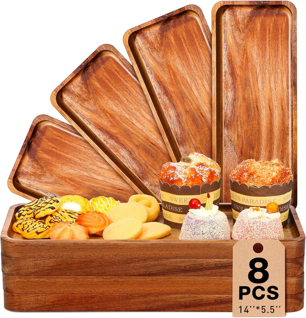 8 Pcs Solid Acacia Wood Serving Tray 14'' X 5.5'' Rectangular Wooden Serving Platter Long Cheese Charcuterie Boards with Edges Wood Boards for Food Vegetable Appetizer Party Decor