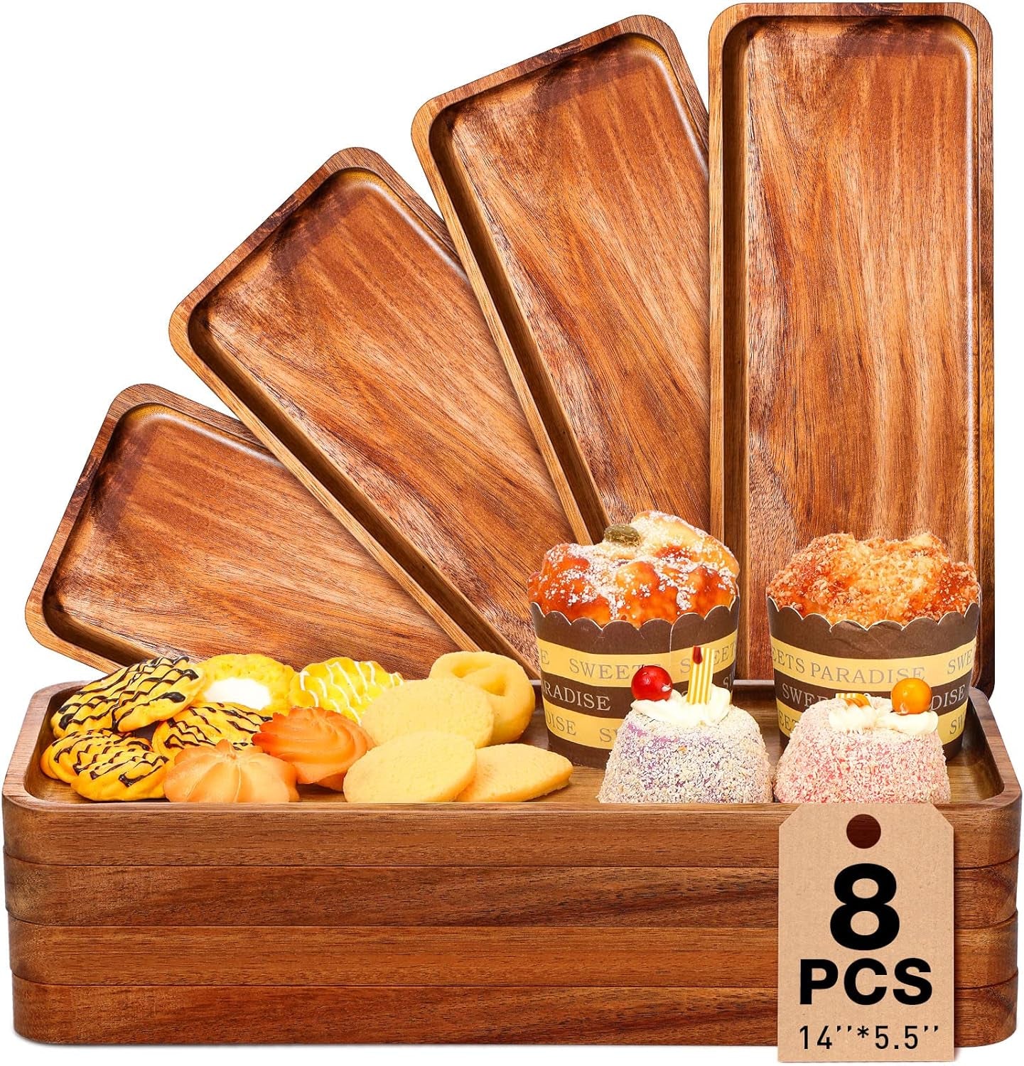 8 Pcs Solid Acacia Wood Serving Tray 14'' X 5.5'' Rectangular Wooden Serving Platter Long Cheese Charcuterie Boards with Edges Wood Boards for Food Vegetable Appetizer Party Decor