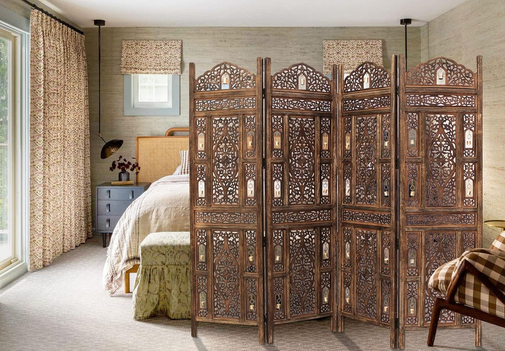 Room Divider Wood Screen - Ghanti Bells Antique Brown - 4 Panel Folding 72 X 80 - Assembled Hand Carved Decorative Functional Versatile Portable Partition Reversible Privacy Boho -