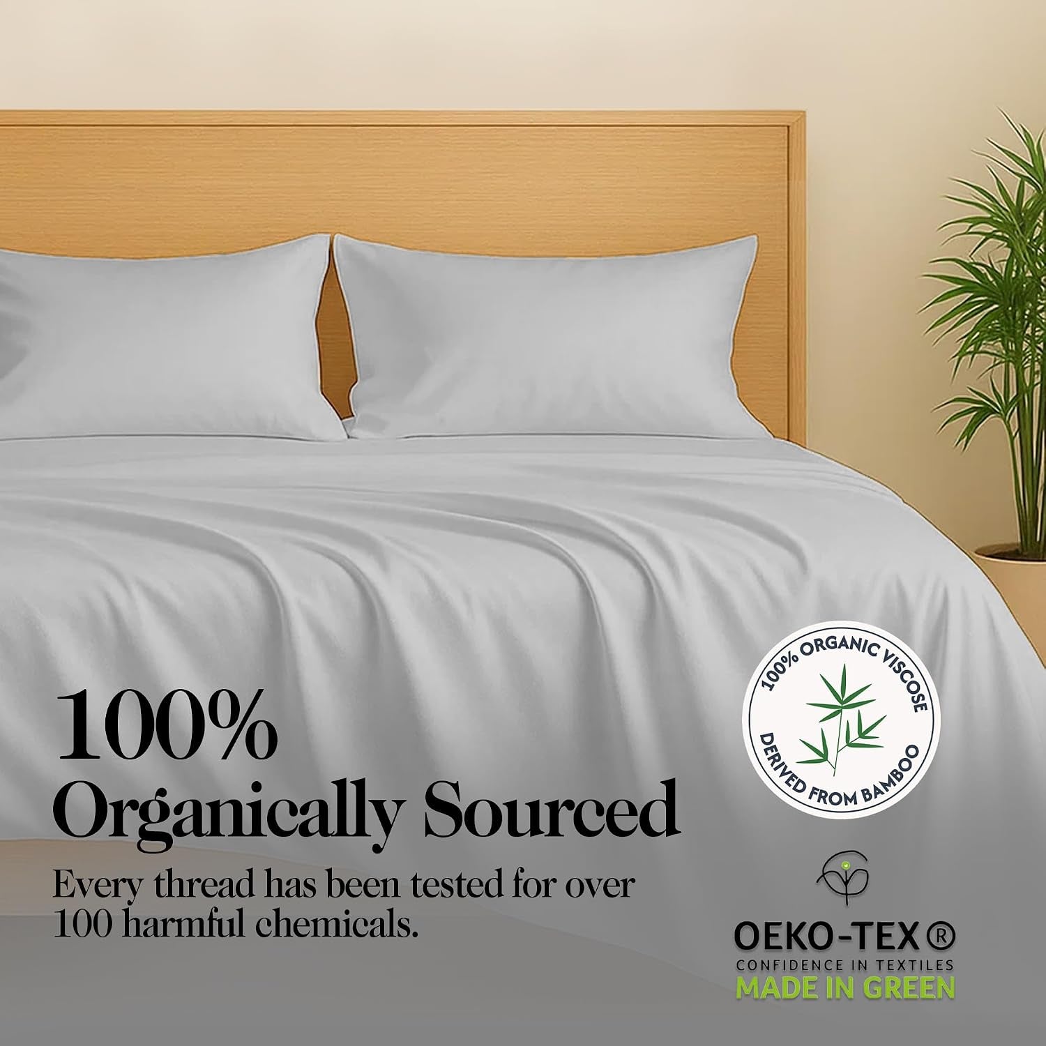 100% Organically Grown Bamboo Viscose Queen Sheet Set - 16" Deep Pocket with 4 Corner Straps & Double-Elastic, 100% Pure Viscose No Blend, Silky Soft & Breathable Bedsheets, 4 Pcs, Light Grey