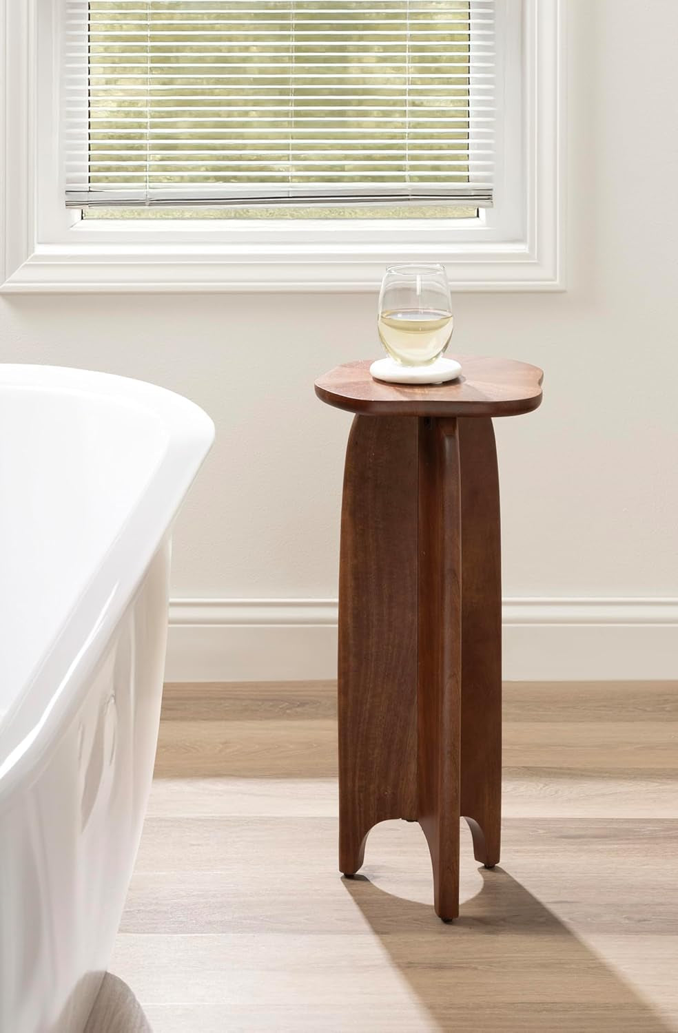 Kanna Modern Pieced Mango Wood round Drink Table, 11 X 11 X 24, Walnut Brown, Mid-Century Scalloped Wooden Mini Side Table for Use as Indoor Plant Stand or Living Room Decor Accent