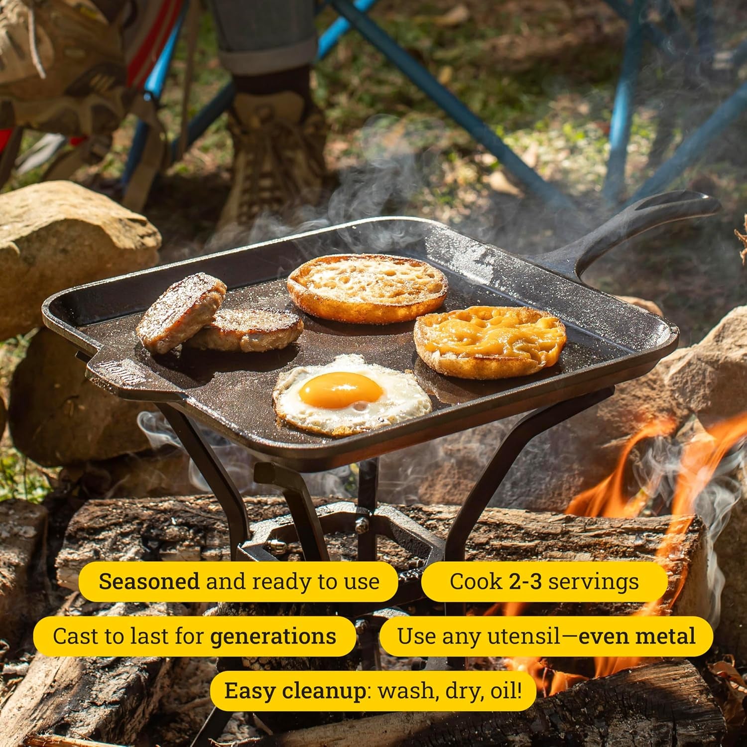 Seasoned Cast Iron Square Griddle - 11 Inches - Durable Pan - Cast Iron Cookware for Pancakes, Eggs, Bacon & Grilling Favorites