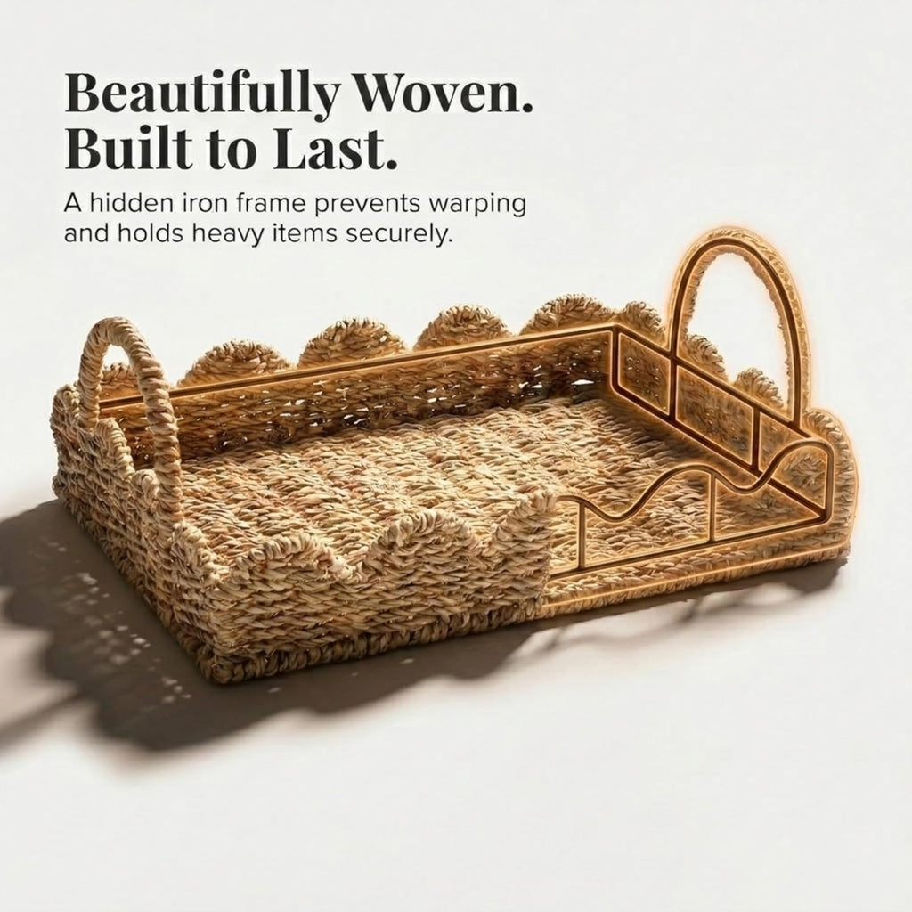 Seagrass Decorative Tray with Scalloped Edge, Handwoven Natural Wicker Organizer Basket with Handles & Iron Frame for Coffee Tables, Bathrooms & Countertops