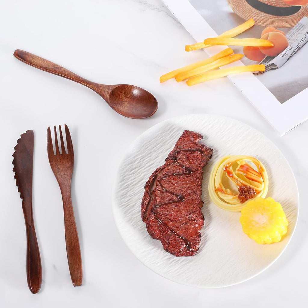 6 Pcs Wooden Utensils for Eating, Wooden Spoon Fork Cutlery Set Kitchen Wood Din