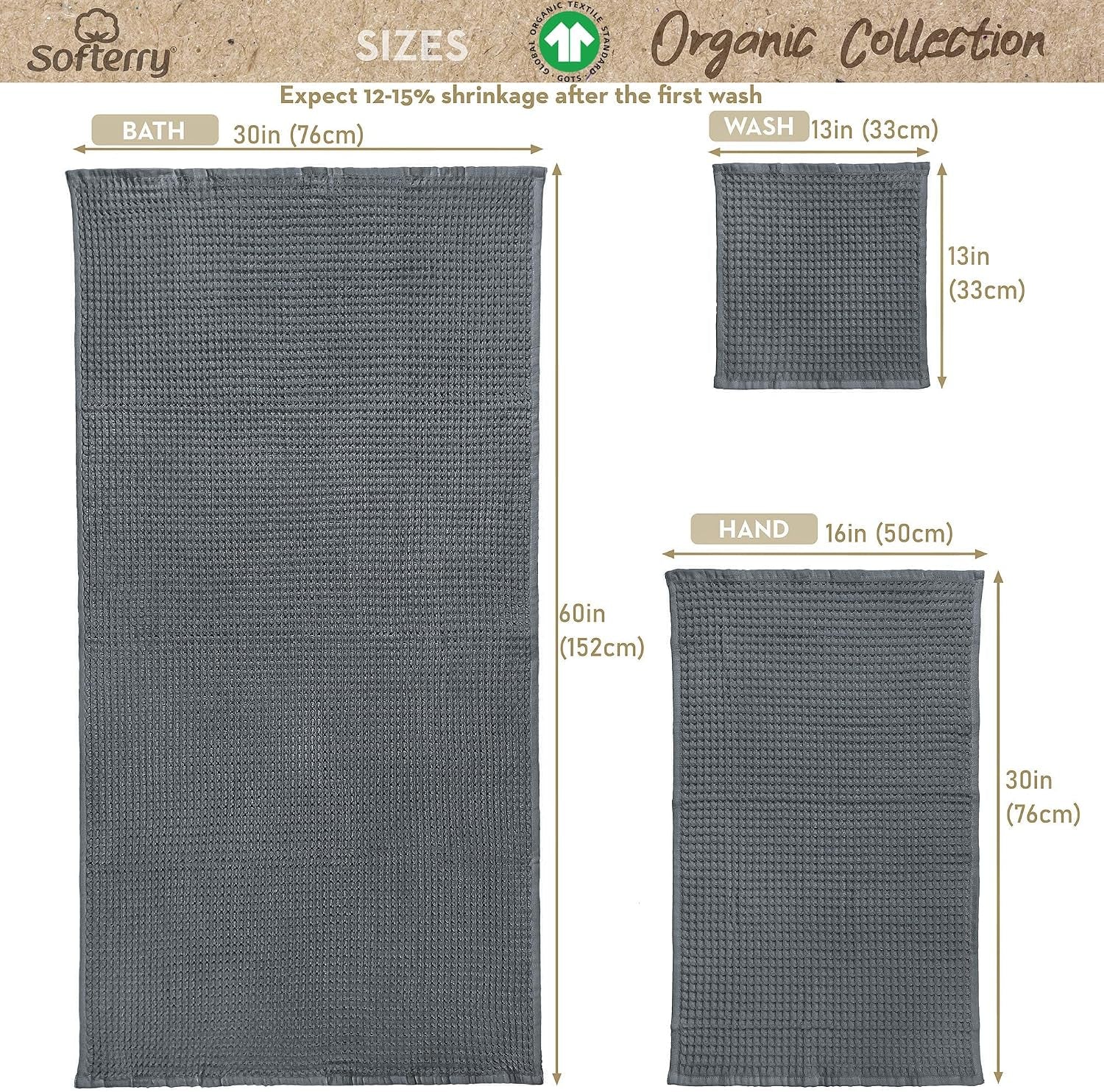 European Waffle Weave Bath Towel Set of 8-100% Organic Cotton - Quick Dry Lint Free Thin and Absorbent - Fade Resistant - Eco-Friendly (Space Gray)