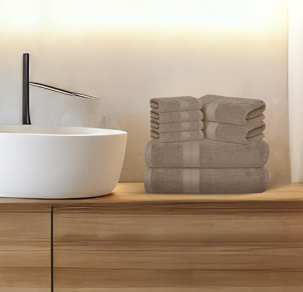 Luxury 8 Piece Beige Towels Set, 2 Bath Towels, 2 Hand Towels and 4 Washcloths, 600 GSM 100% Ring Spun Cotton Highly Absorbent Beige Bathroom Towels, Ideal for Hotel, Spa and Gym