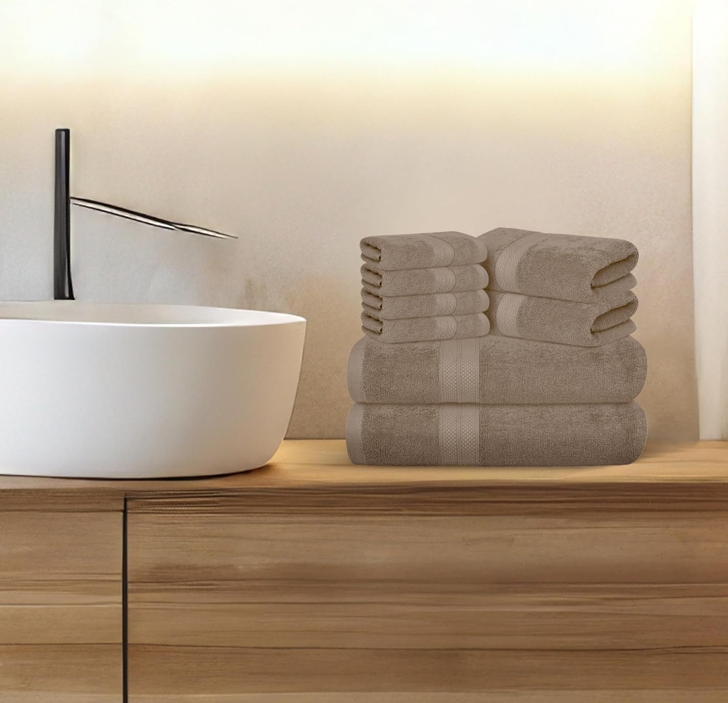 Luxury 8 Piece Beige Towels Set, 2 Bath Towels, 2 Hand Towels and 4 Washcloths, 600 GSM 100% Ring Spun Cotton Highly Absorbent Beige Bathroom Towels, Ideal for Hotel, Spa and Gym