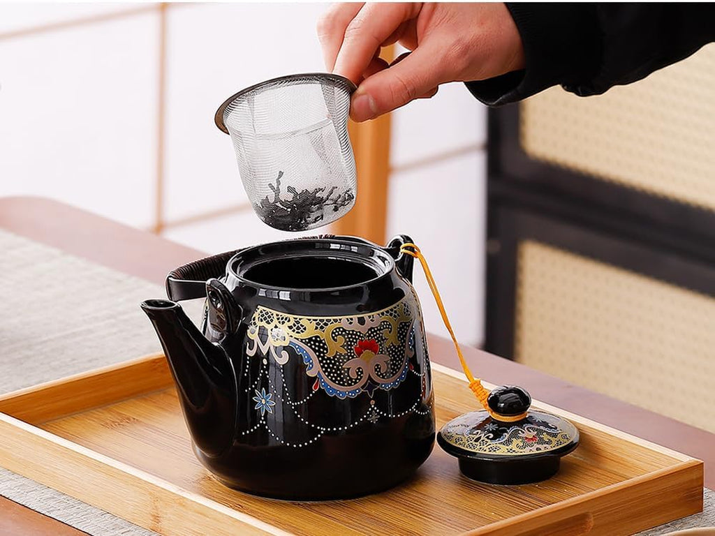 Japanese Tea Set for Adults, Japanese Teapot Set with 1 Teapot (32Oz/920Ml), 6 Tea Cups (4.5Oz/130Ml), 1 Tea Tray, 1 Stainless Infuser, Kiln Altered Glaze Porcelain Tea Set (Jeweled Necklace)