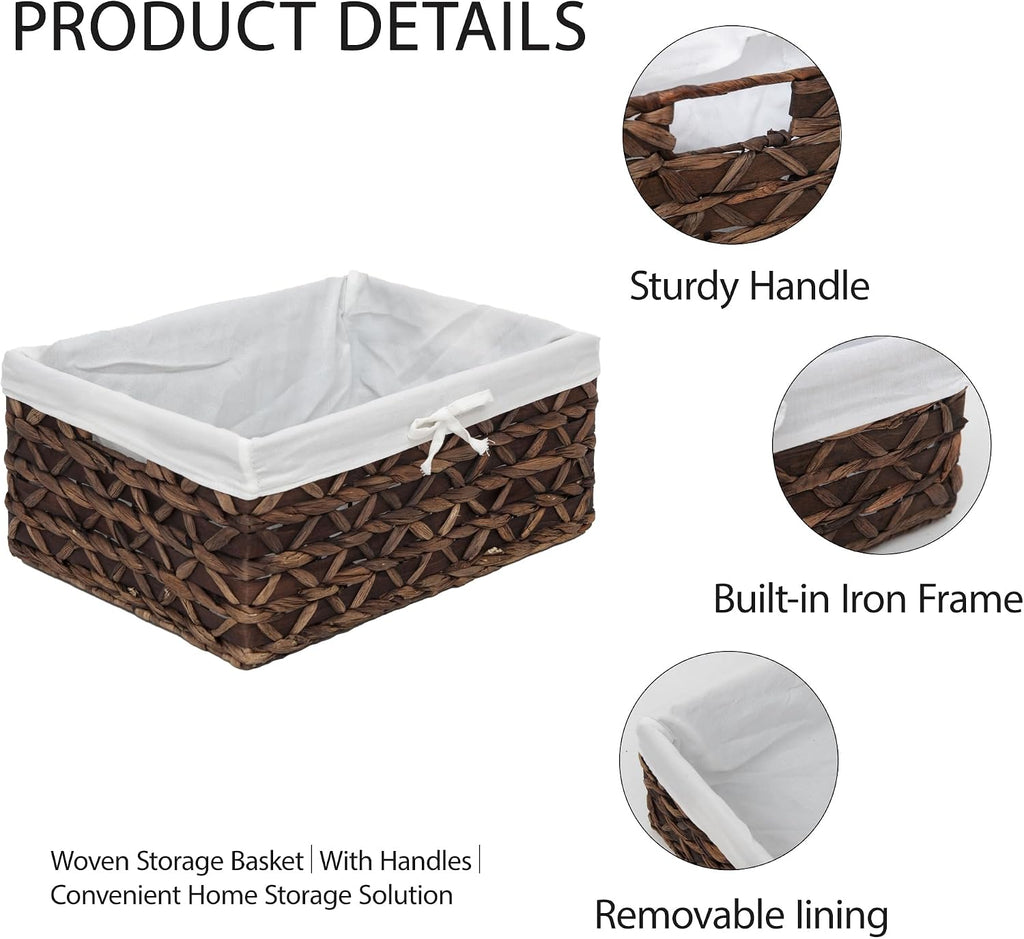 Natural Water Hyacinth Storage Baskets Set of 3 with Metal Frame & Removable Liner, Rectangular Wicker Organizer Bins for Home Bedroom Living Room Bathroom Closet Organization