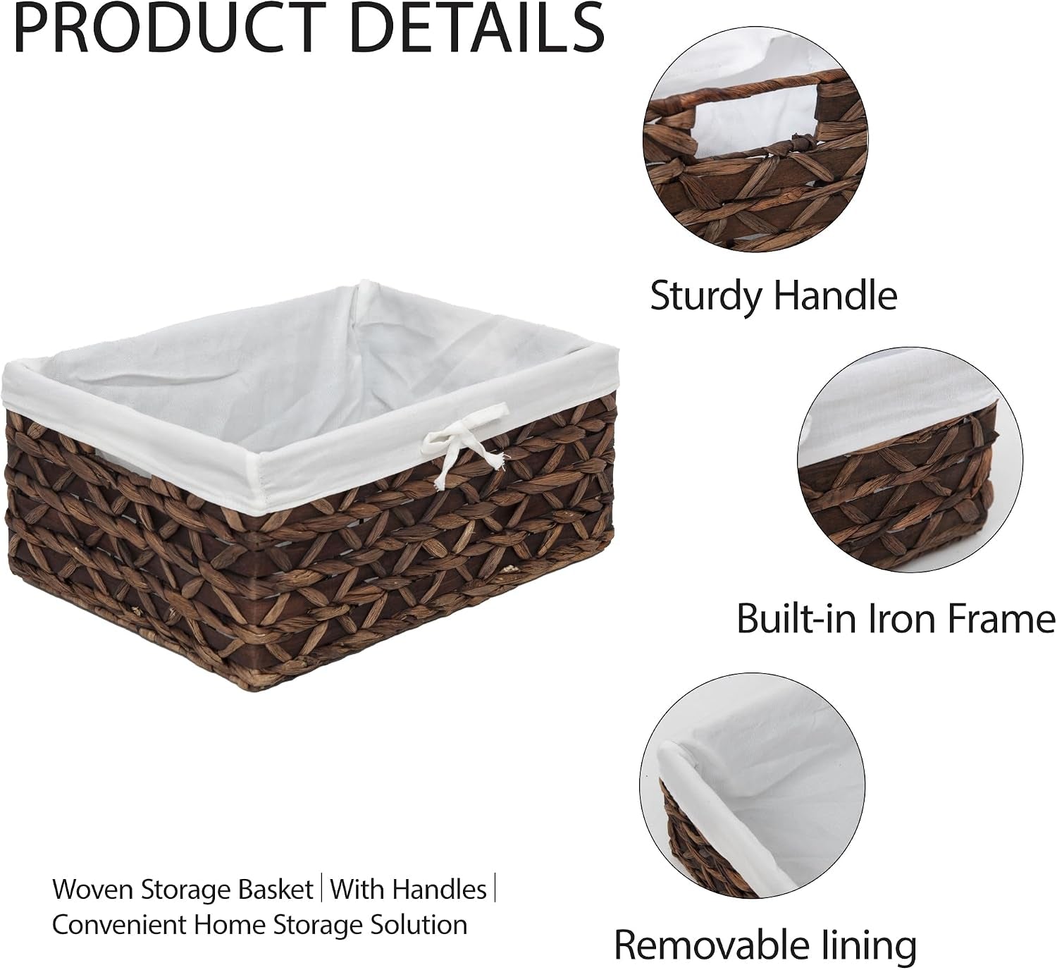 Natural Water Hyacinth Storage Baskets Set of 3 with Metal Frame & Removable Liner, Rectangular Wicker Organizer Bins for Home Bedroom Living Room Bathroom Closet Organization
