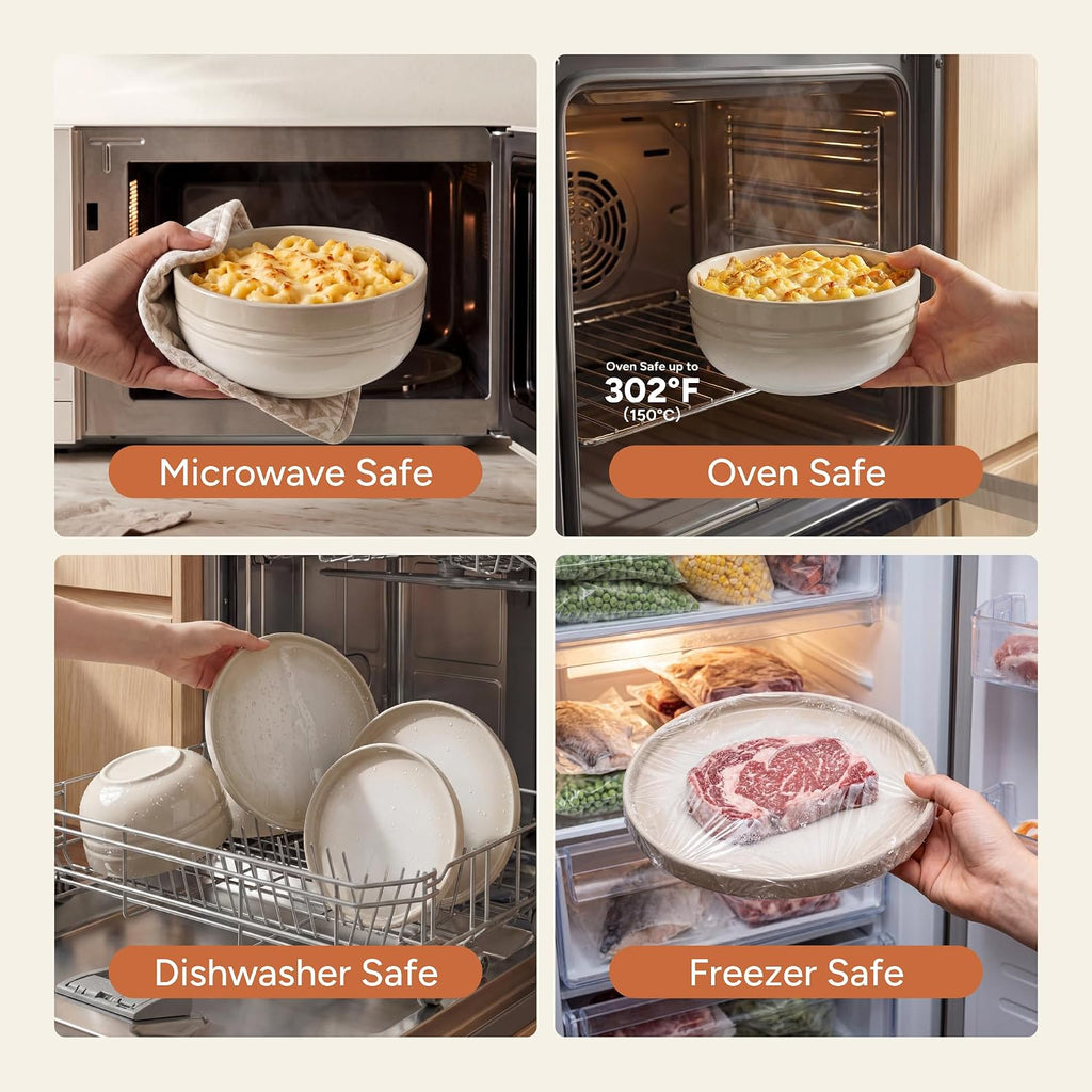 Stoneware Dinnerware Set for 4, 12-Piece Ceramic Plates and Bowls Set, Chip & Scratch Resistant Dish Set, Microwave, Dishwasher & Oven Safe for Everyday Meals, Cream White