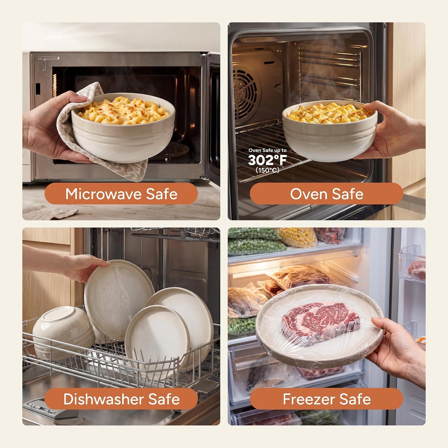 Stoneware Dinnerware Set for 4, 12-Piece Ceramic Plates and Bowls Set, Chip & Scratch Resistant Dish Set, Microwave, Dishwasher & Oven Safe for Everyday Meals, Cream White