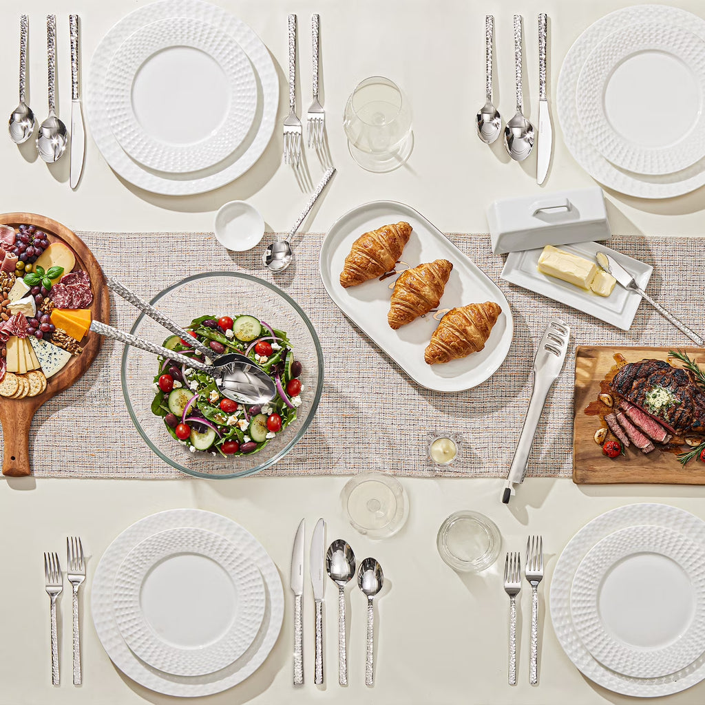 53 Pcs 18/10 Stainless Steel Silverware Set with Serving Utensils for 8, Cutlery Set with Hammered Pattern for Kitchen, Home, Restaurant, Mirror Polished & Dishwasher Safe
