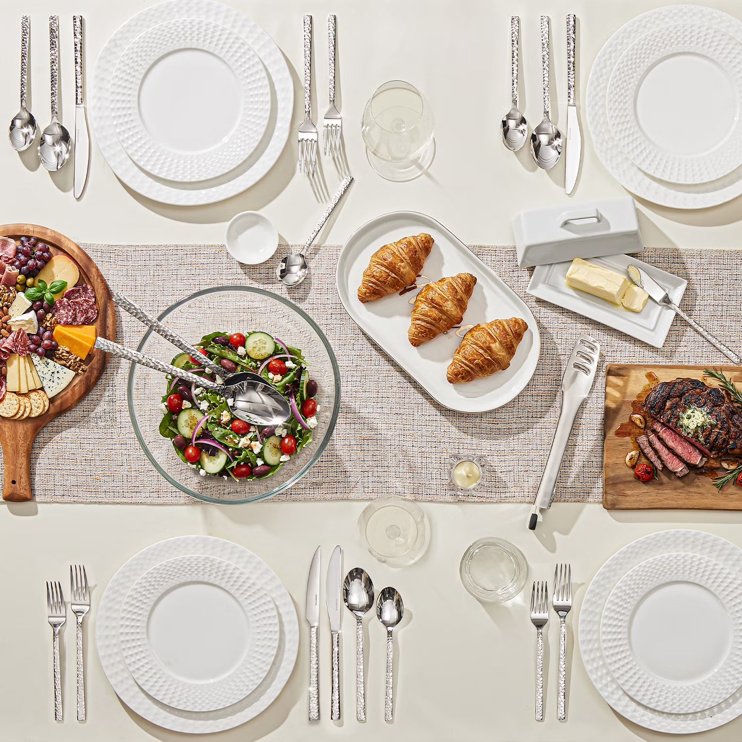 53 Pcs 18/10 Stainless Steel Silverware Set with Serving Utensils for 8, Cutlery Set with Hammered Pattern for Kitchen, Home, Restaurant, Mirror Polished & Dishwasher Safe