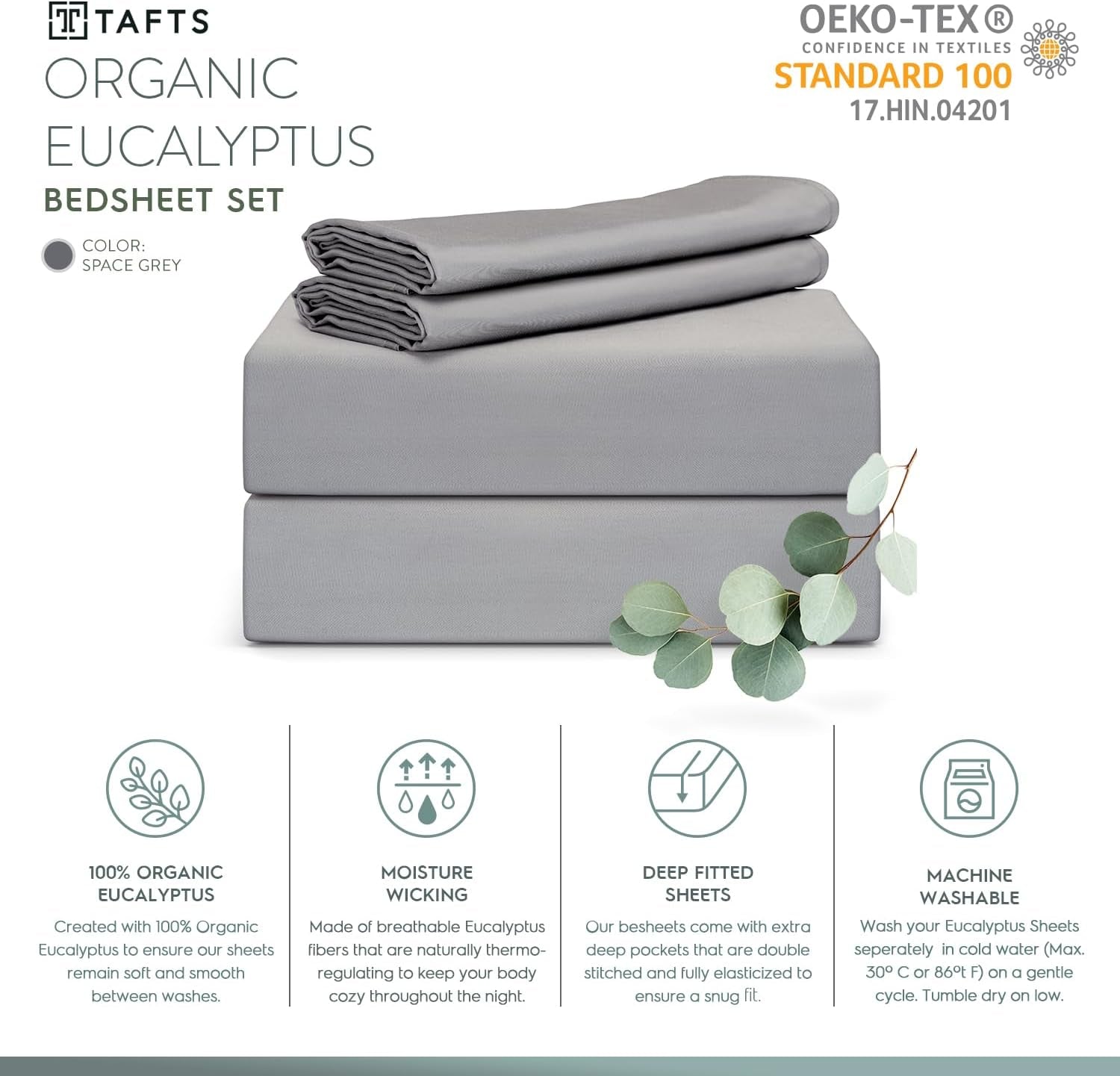 Eucalyptus Sheets Queen Size Bed Sheets - 100% Organic Eucalyptus, 400TC Eucalyptus Bed Sheets, 4 Piece Set, 17” Deep Pockets, Silk Feel, Cooling, Double Stitched (Space Grey)