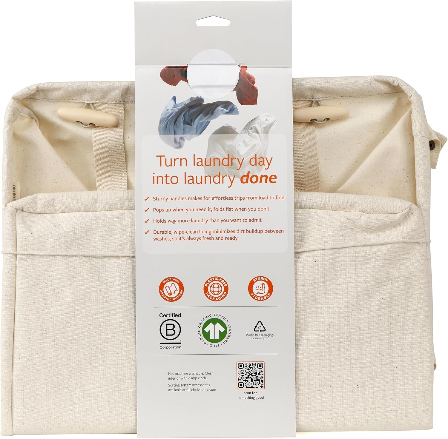 Full Circle Loads of Fun Collapsible Laundry Bag – Pop-Up Laundry Basket for Dirty Clothes & Towels– Organic Cotton with Long Handles - Ideal for Travel & Collapsing - Perfect for Bedroom or Dorm