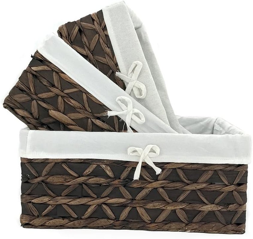 Natural Water Hyacinth Storage Baskets Set of 3 with Metal Frame & Removable Liner, Rectangular Wicker Organizer Bins for Home Bedroom Living Room Bathroom Closet Organization
