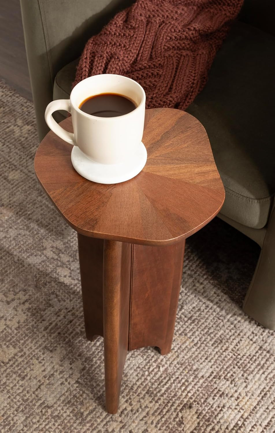Kanna Modern Pieced Mango Wood round Drink Table, 11 X 11 X 24, Walnut Brown, Mid-Century Scalloped Wooden Mini Side Table for Use as Indoor Plant Stand or Living Room Decor Accent