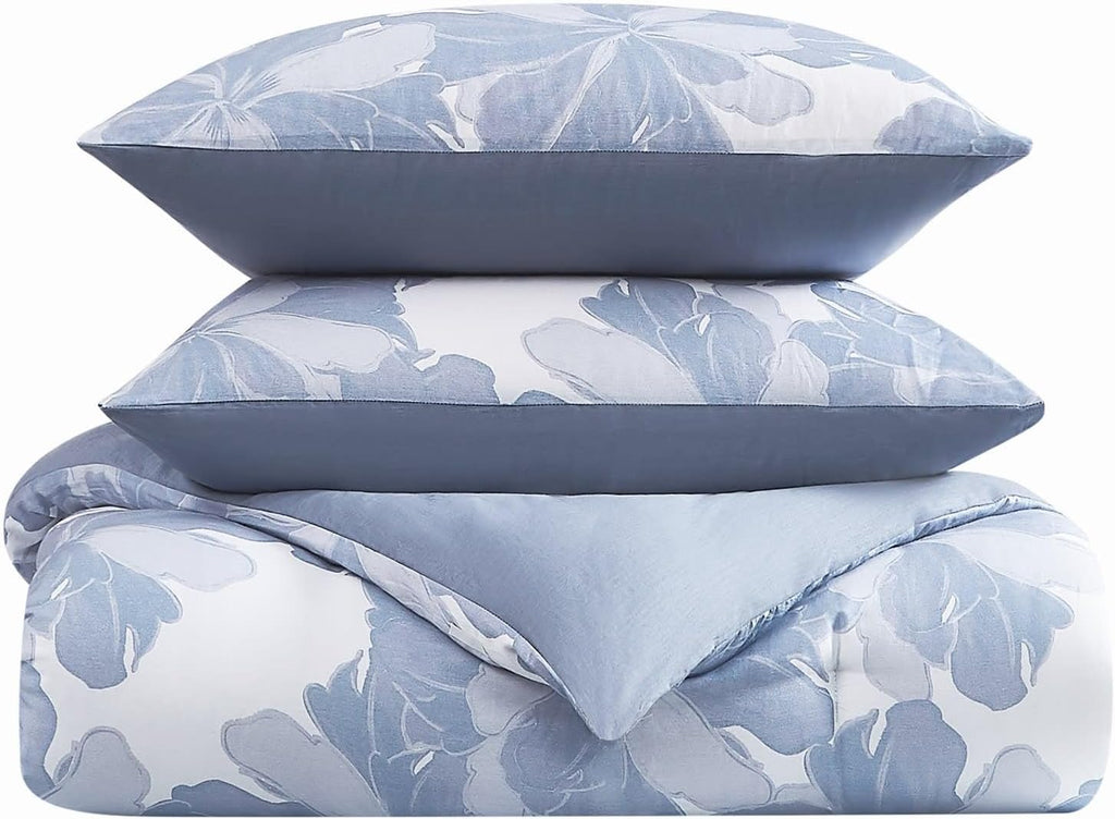 Vince Camuto Organic Floral 100% Cotton 3 Piece Full/Queen Comforter Set in Blue, All Season, Adult Size, Oeko-Tex Certified