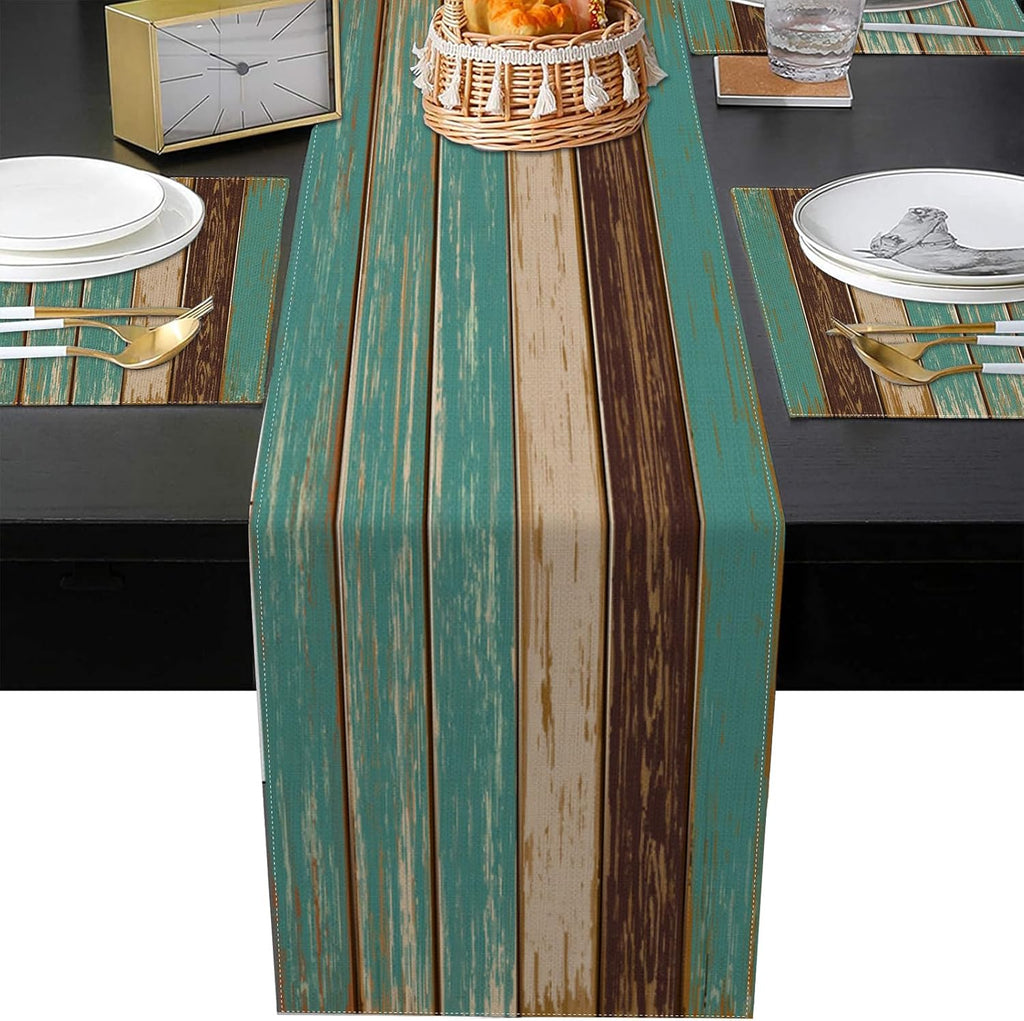 Cotton Burlap Farmhouse Table Runner with 6 Placemats,Blue Teal Heat-Resistant Set for Kitchen Coffee Table Party Banquet Decor(1 Table Runner 72 Inches Long and 6 Placemats)