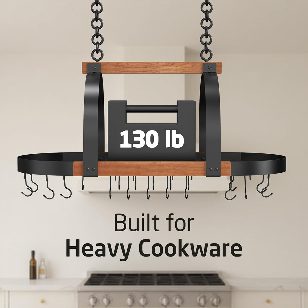 Natural Solid Wood 39 Inch Large Hanging Pot Rack, 130 LBS Capacity Heavy Duty Oval Pot and Pan Hanging Rack Ceiling Mount, Pot Pan Hangers Organizer for Kitchen, 20 Hooks (For 16" and 24" Joist)