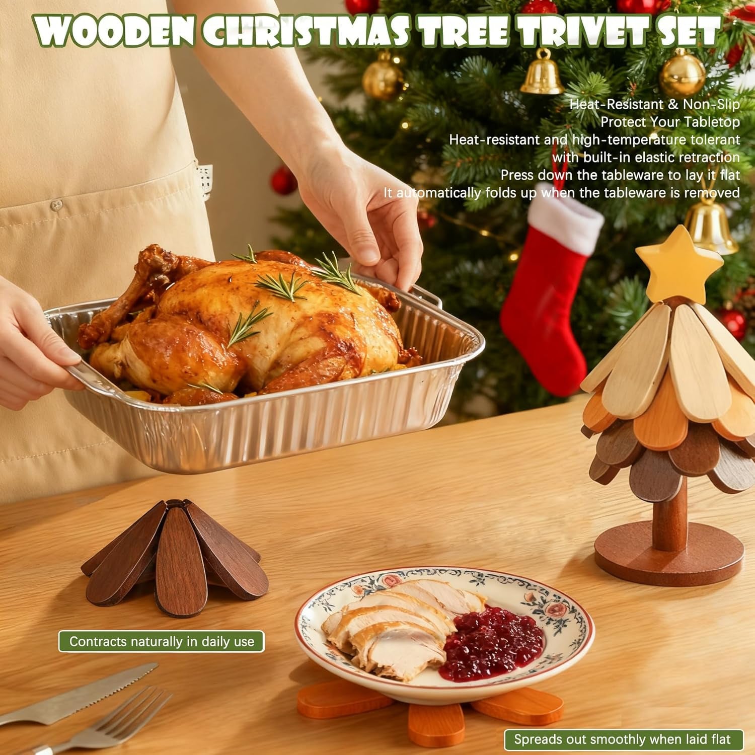 Wooden Christmas Tree Trivet Set of 5 + Stand, Foldable Heat Resistant Wood Mats for Hot Dishes & Pots, Decorative Kitchen Table Countertop Protector, Holiday Home Decor & Housewarming Gift