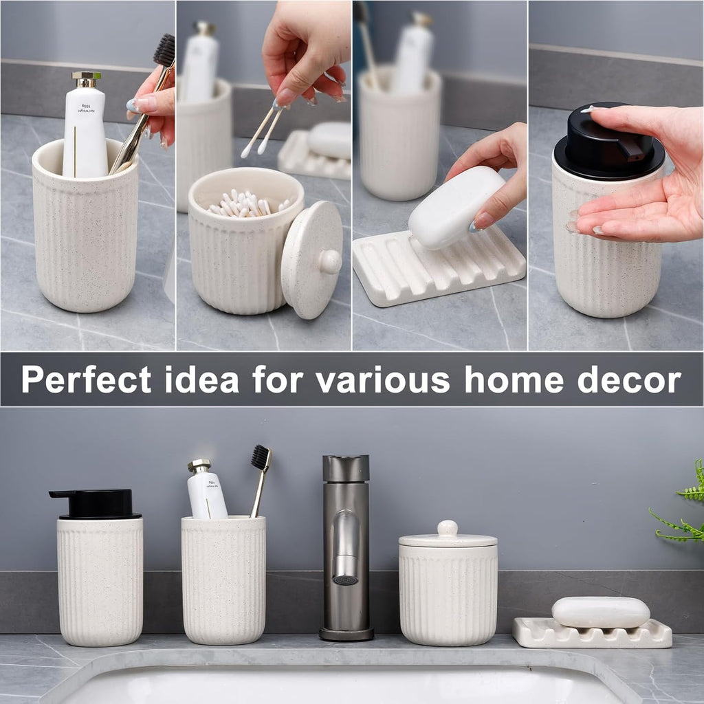 Ceramic Bathroom Accessories Set - Bathroom Counter Soap Set Beige Bathroom Decor Sets Accessories Bathroom Lotion Soap Dispenser and Toothbrush Holder Set, Soap Dish, Apothecary Jars