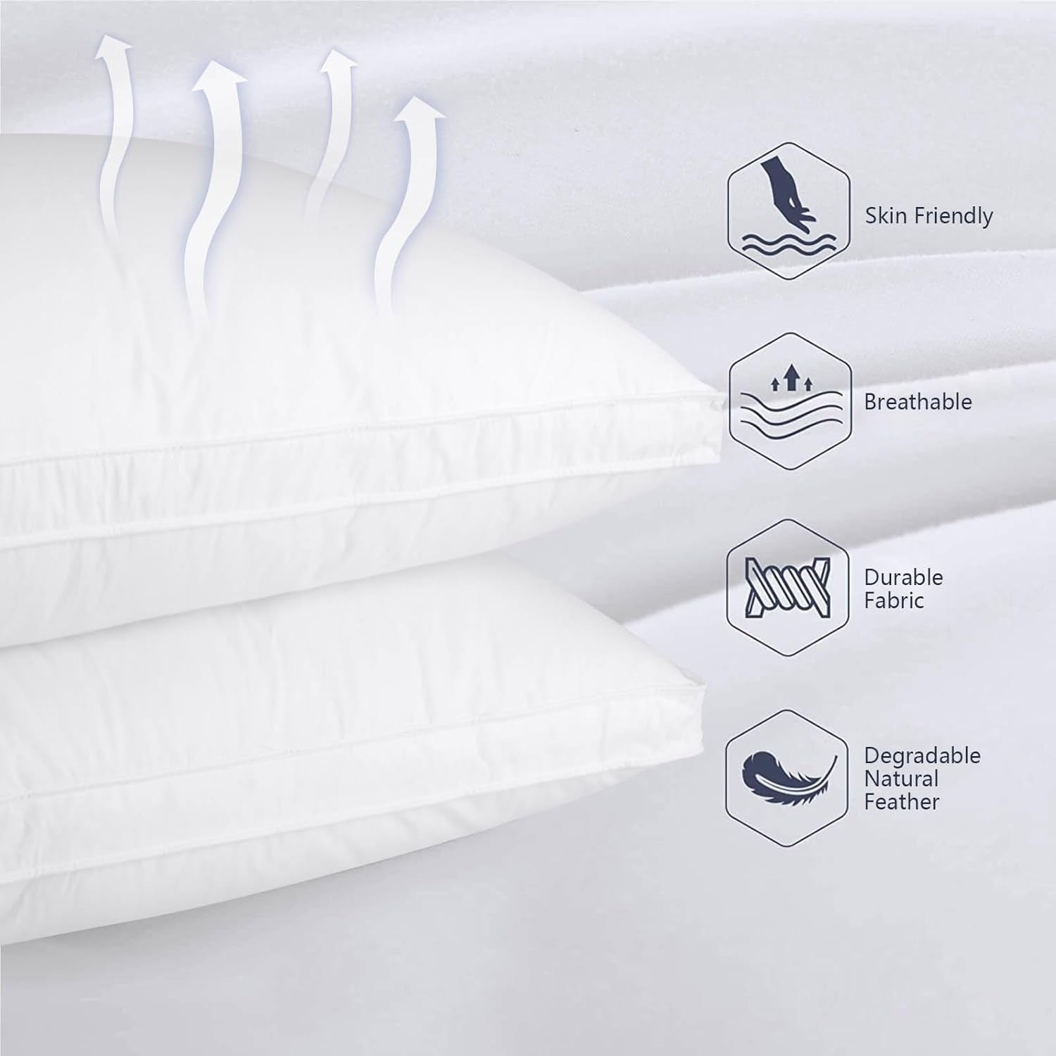 Queen Size Goose down Pillows Set of 2 - Hypoallergenic Bed Pillows 500 Fill Power with 100% Cotton Cover, Medium Firm Support