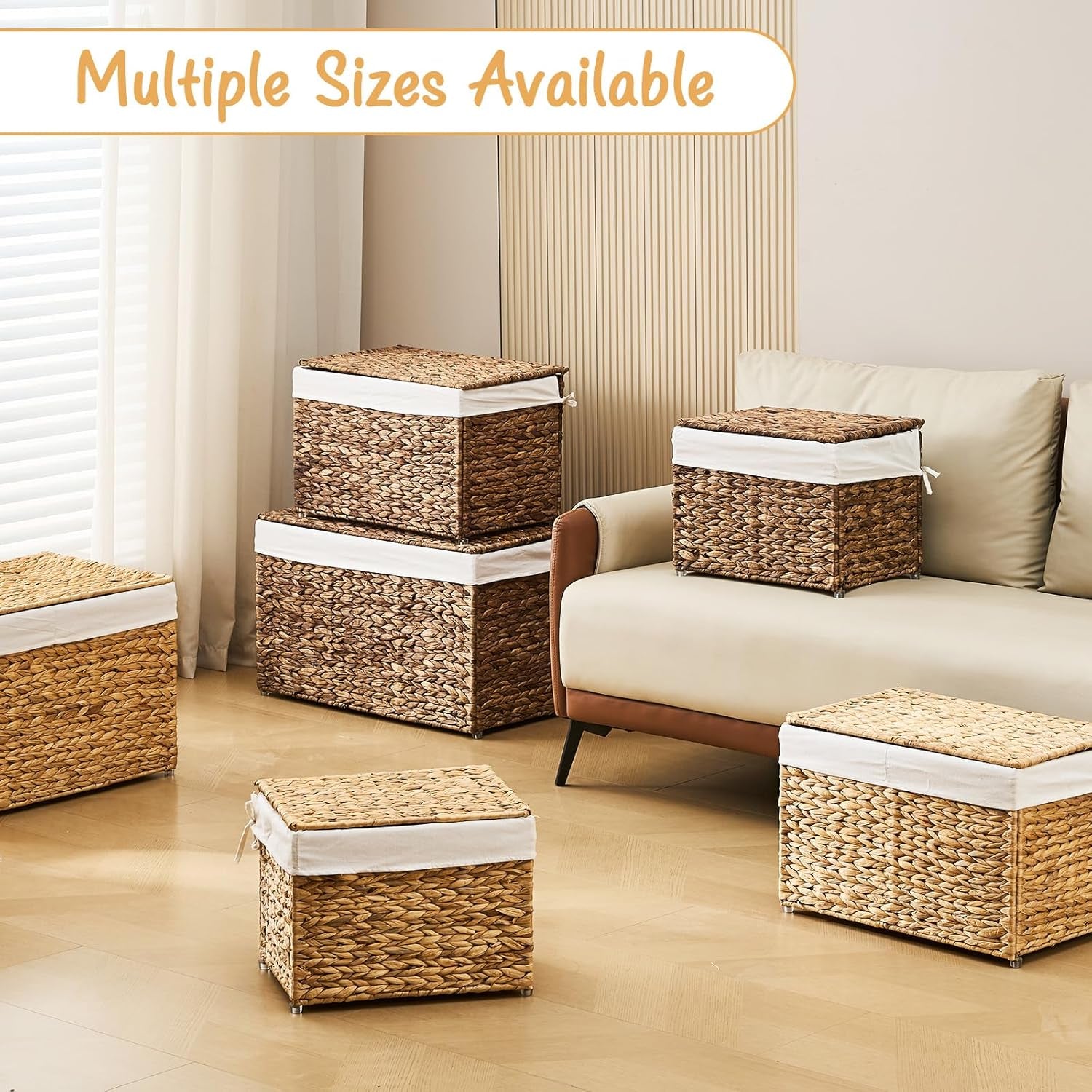 GENHOOM Storage Basket with Lid, Woven Wicker Shelf Basket with Removable Liner, Metal Frame Rattan Storage Trunk with Handle for Laundry, Bedroom, Living Room, Office (Natural, 95L)