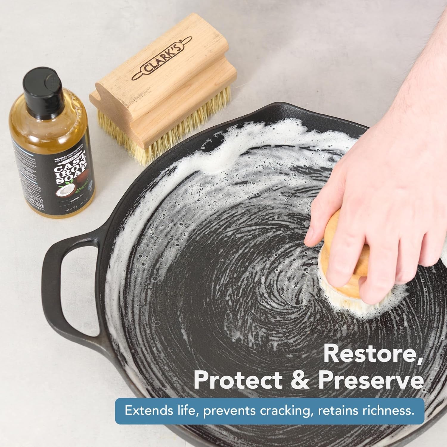 Cast Iron Cleaner 12 Oz, Made in USA, Plant Based Coconut Cast Iron Soap for Skillets, Griddles Etc. - Protects, and Restores Cookware