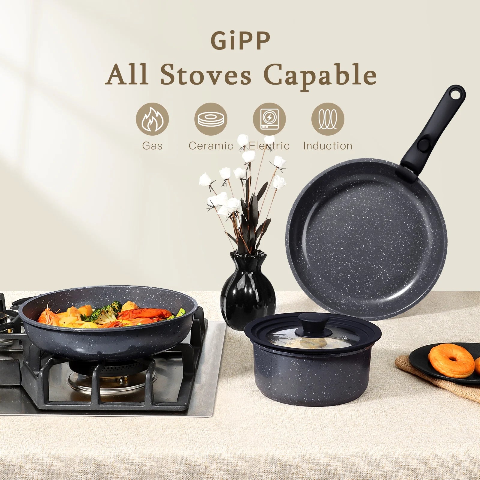 Gipp 5Pcs Ceramic Pots and Pans Set Nonstick Cookware Sets Removable Handle Kitchen,Oven Safe, Induction Ready
