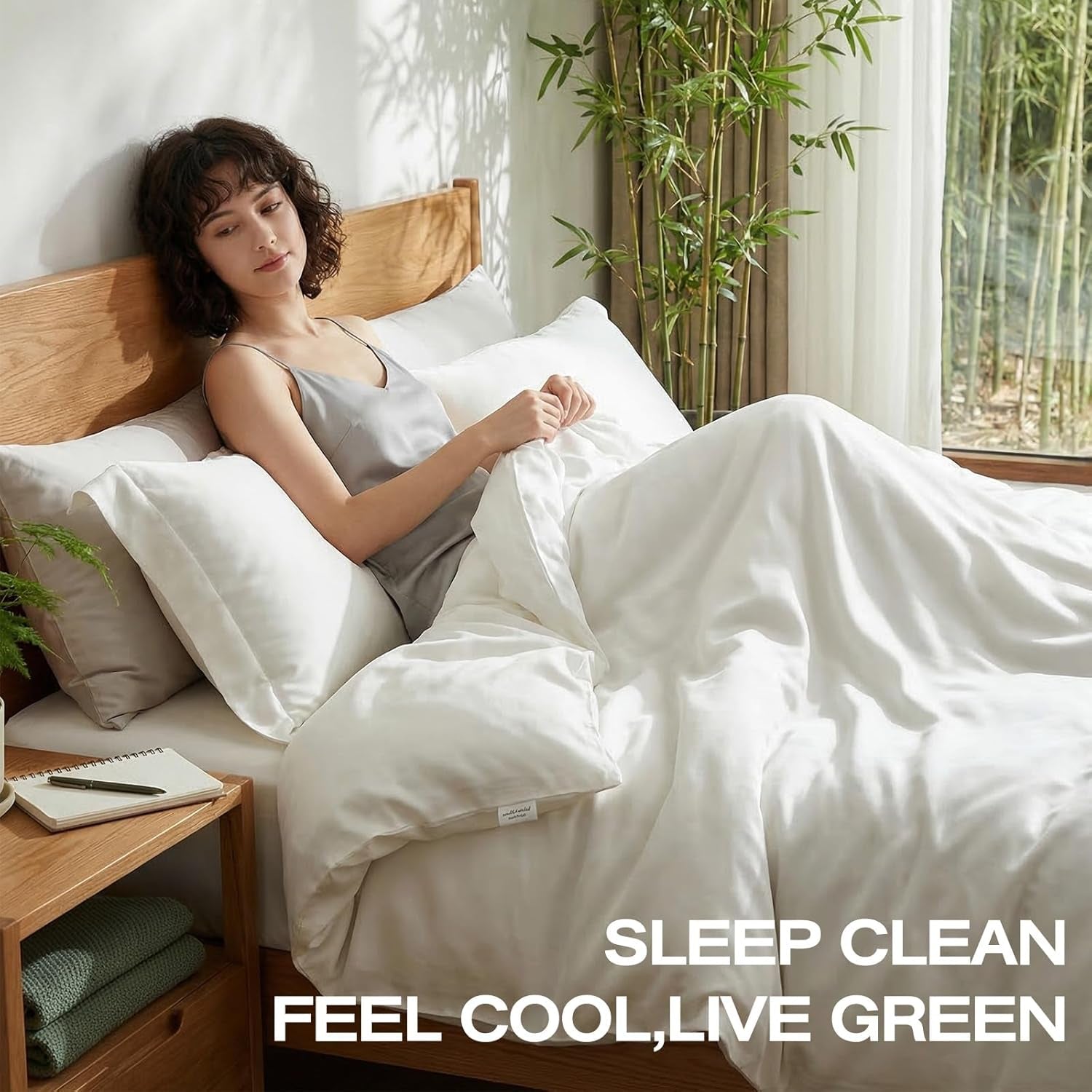 Real 100% Viscose Derived from Bamboo Sheets Set Queen Size, Cooling & Silky Soft for Hot Sleeper, Luxury with Breathable & Moisture Wicking Fabric, 18" Deep Pocket with Corner Straps (White,Queen)