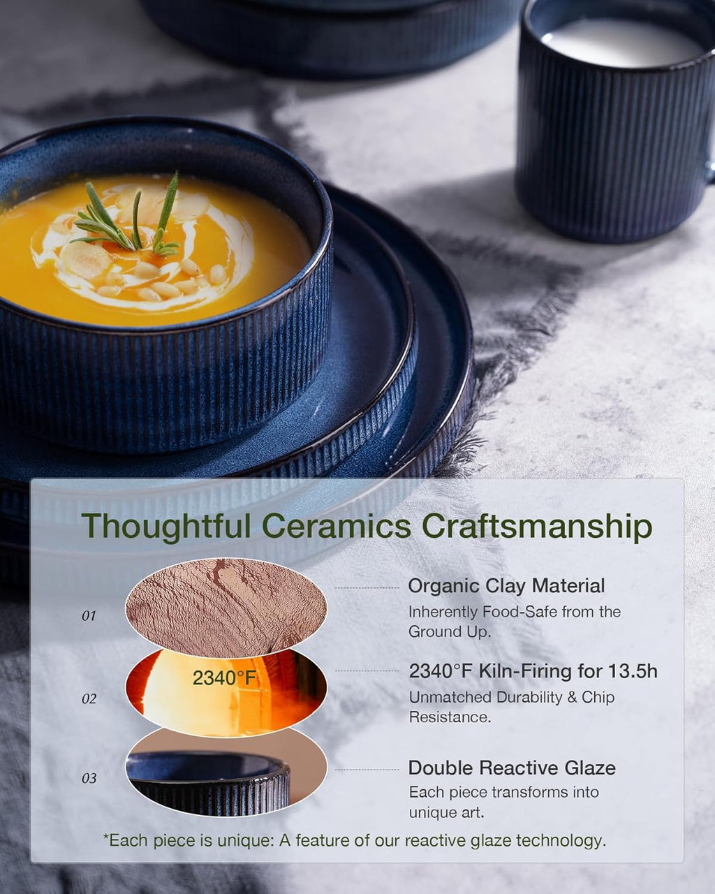 Star 24-Piece Stoneware Dinnerware Sets, Service for 6 - Reactive Glaze Mugs, Plates and Bowls, Dishes for Everyday/Formal Use, Chip/Scratch Resistant, Microwave/Dishwasher Safe, Nebulas Blue