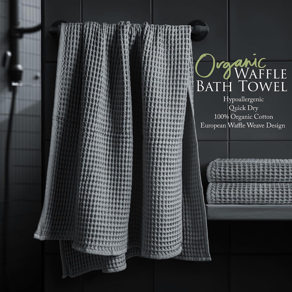 European Waffle Weave Bath Towel Set of 8-100% Organic Cotton - Quick Dry Lint Free Thin and Absorbent - Fade Resistant - Eco-Friendly (Space Gray)