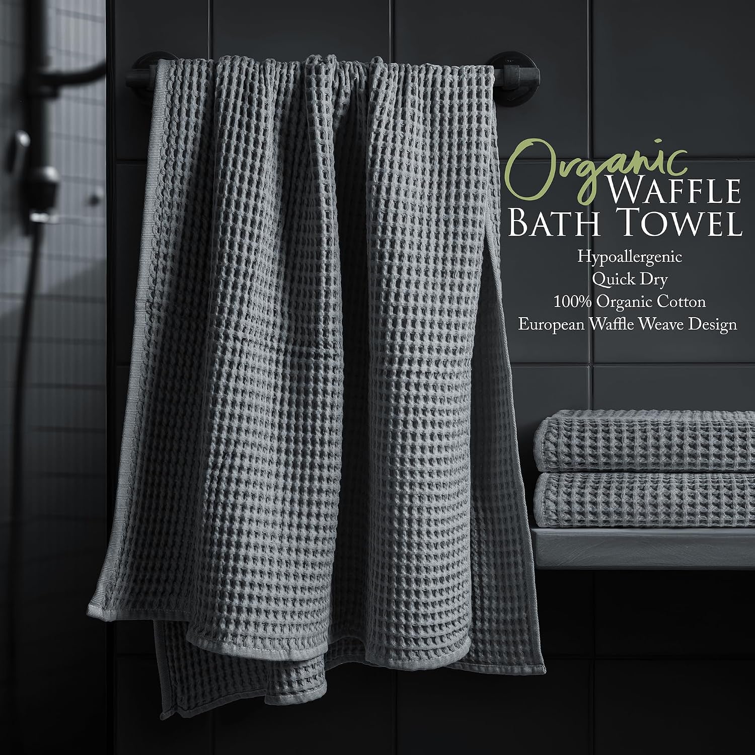 European Waffle Weave Bath Towel Set of 8-100% Organic Cotton - Quick Dry Lint Free Thin and Absorbent - Fade Resistant - Eco-Friendly (Space Gray)