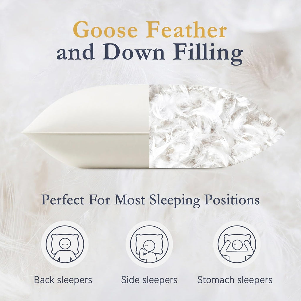 ® Goose Feather down Pillows, 100% Organic Cotton Cover, Luxury Hotel Collection Bed Pillows for Sleeping Set of 2, Queen Size