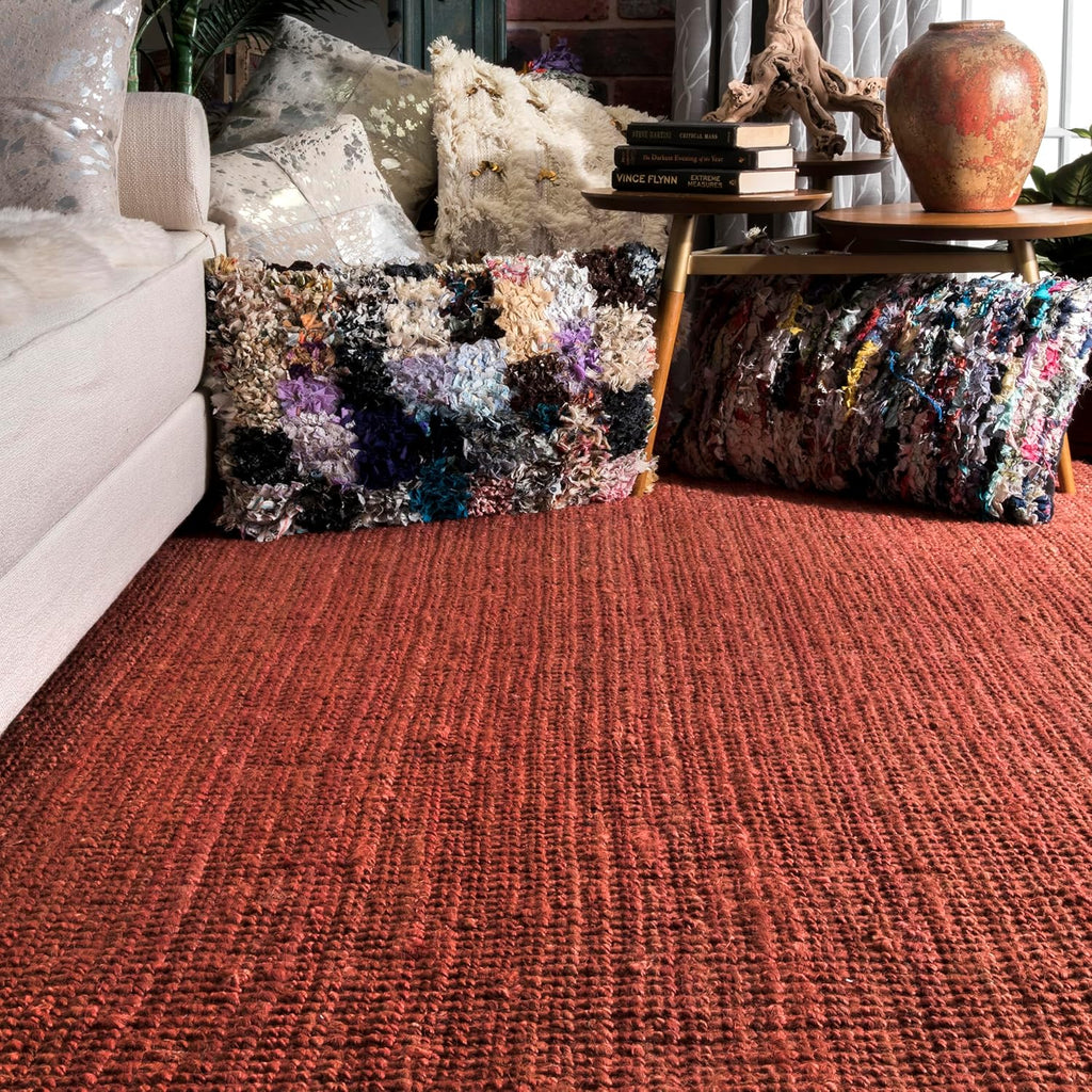 5X8 Daniela Jute Tassel Hand Woven Area Rug, Brick, Solid Chunky Farmhouse Design, Natural Fiber, for Bedroom, Dining Room, Living Room, Hallway, Office, Entryway