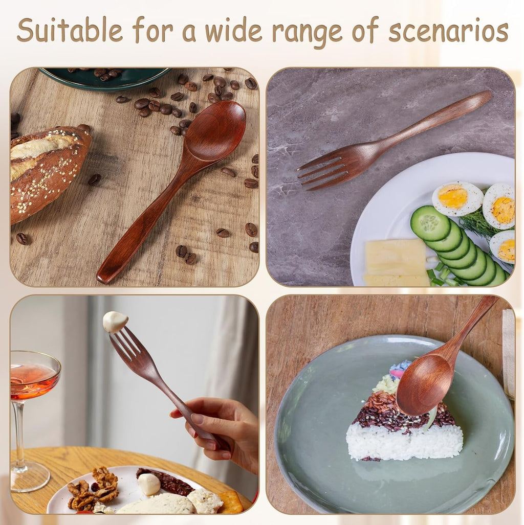 6 Pcs Wooden Utensils for Eating, Wooden Spoon Fork Cutlery Set Kitchen Wood Din
