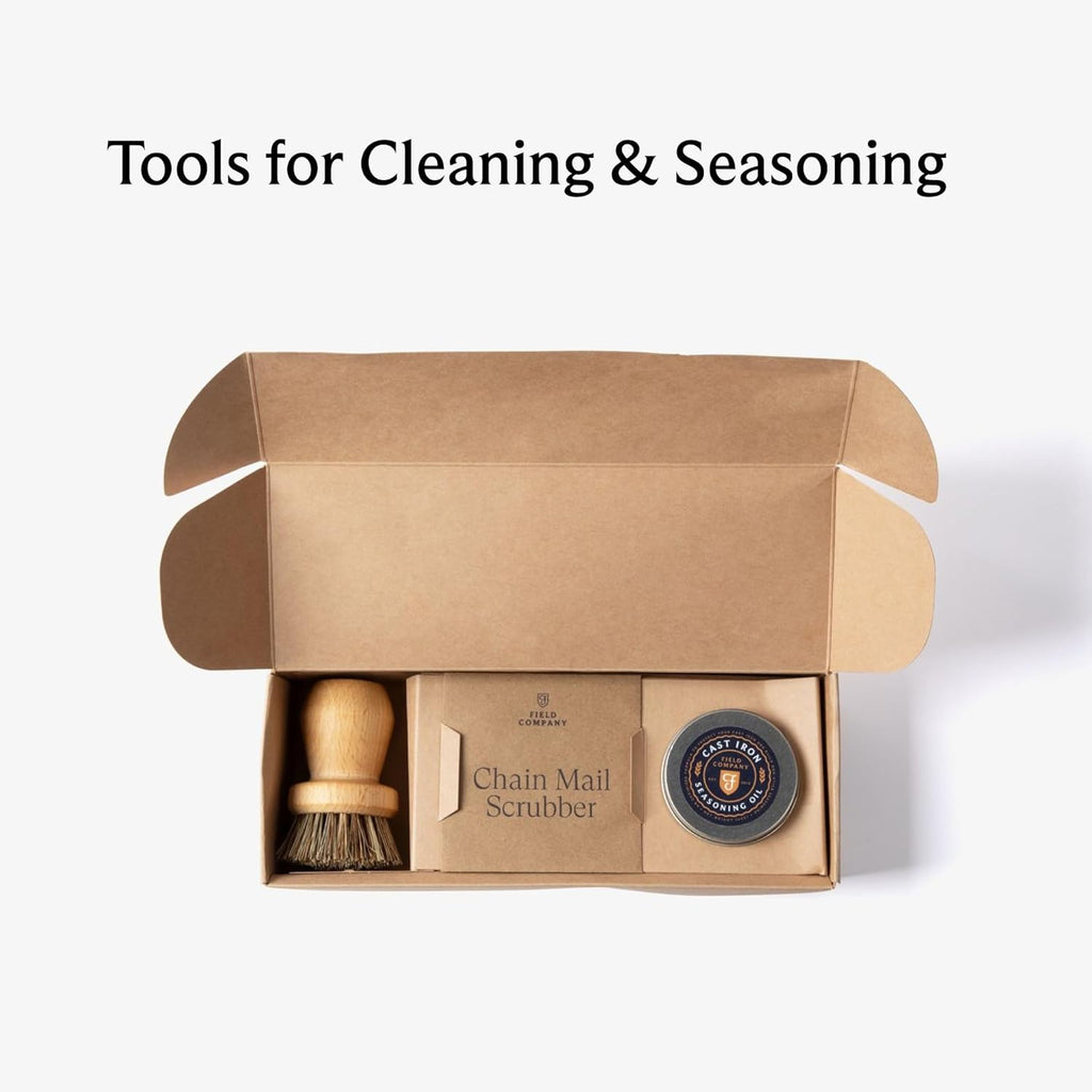 Cast Iron Care Kit – Chain Mail Scrubber, Natural Fiber Brush & Seasoning Oil for Cleaning & Conditioning Cast Iron