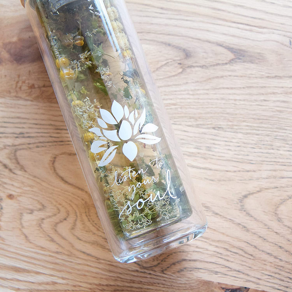 Double-Walled Glass Tea Tumbler with Infuser and Strainer 15Oz - Perfect for Loose Leaf Tea, Cold or Hot Water Bottle, Fruit Drinks - Comes with Travel Sleeve and Cozy