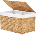 GENHOOM Storage Basket with Lid, Woven Wicker Shelf Basket with Removable Liner, Metal Frame Rattan Storage Trunk with Handle for Laundry, Bedroom, Living Room, Office (Natural, 95L)
