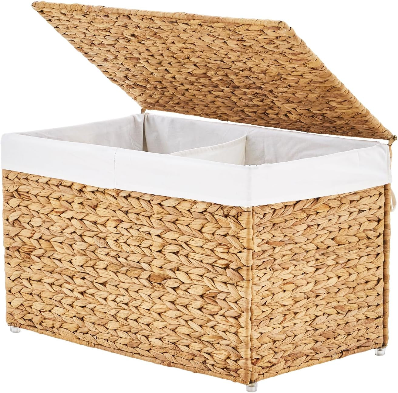 GENHOOM Storage Basket with Lid, Woven Wicker Shelf Basket with Removable Liner, Metal Frame Rattan Storage Trunk with Handle for Laundry, Bedroom, Living Room, Office (Natural, 95L)