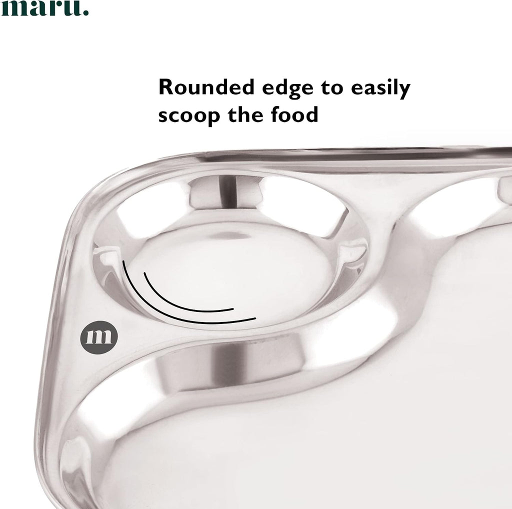 Stainless Steel Dinner Plates with 2In1 Compartment Section Set of 6, Durable & Large Bhojan Thali Plates, Perfect for Breakfast, Lunch & Dinner, Ideal for Serving Indian Meals – Lightweight