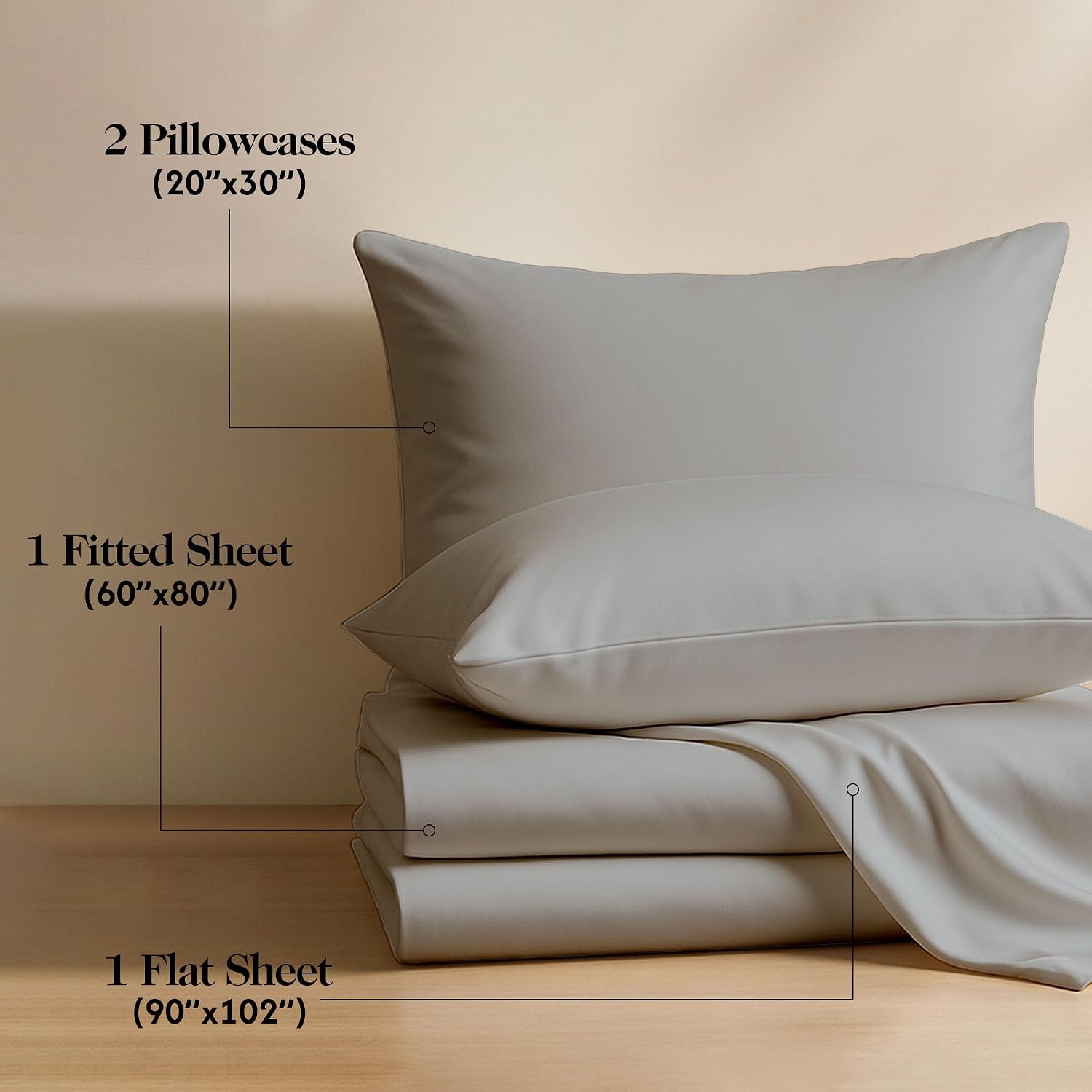100% Organically Grown Bamboo Viscose Queen Sheet Set - 16" Deep Pocket with 4 Corner Straps & Double-Elastic, 100% Pure Viscose No Blend, Silky Soft & Breathable Bedsheets, 4 Pcs, Light Grey