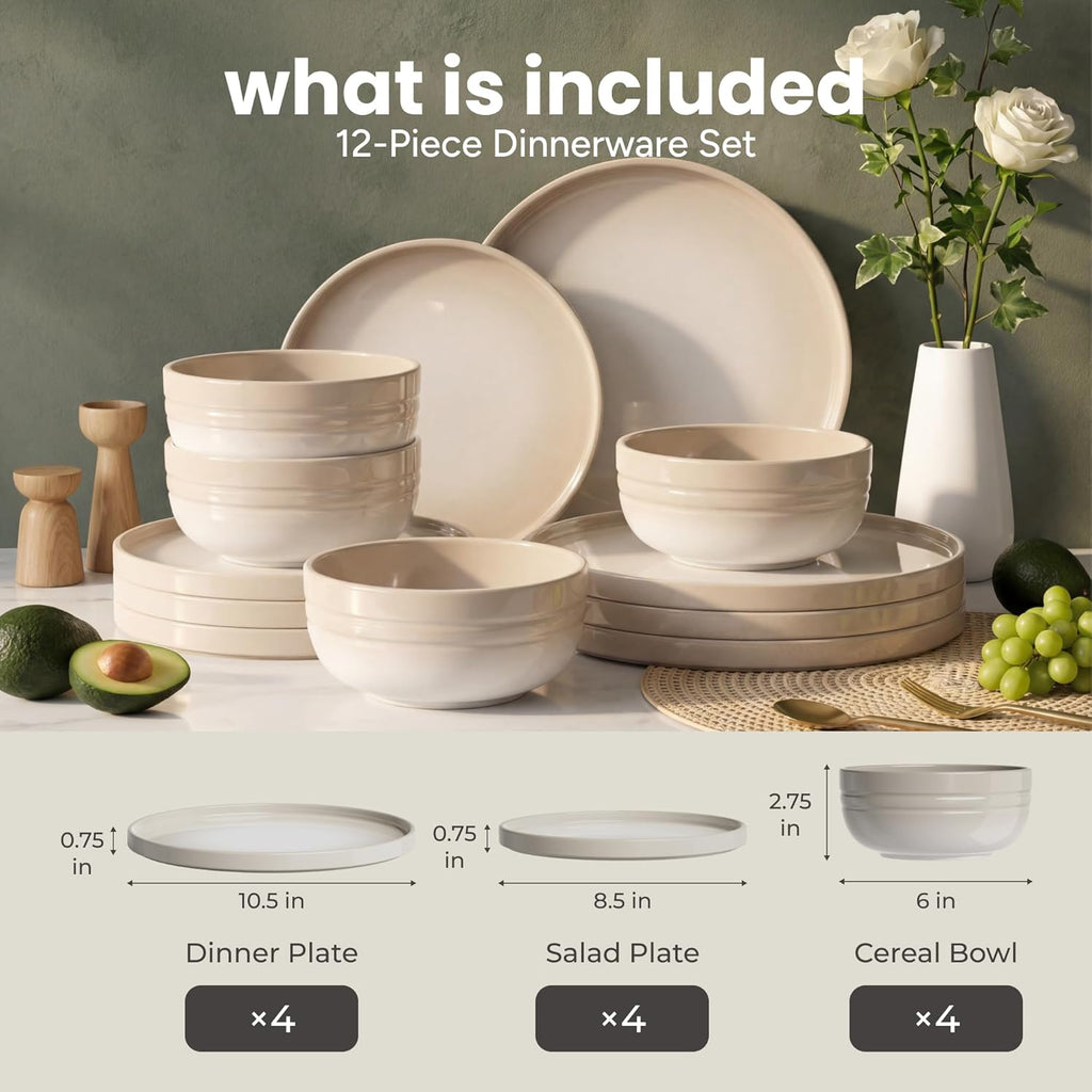 Stoneware Dinnerware Set for 4, 12-Piece Ceramic Plates and Bowls Set, Chip & Scratch Resistant Dish Set, Microwave, Dishwasher & Oven Safe for Everyday Meals, Cream White