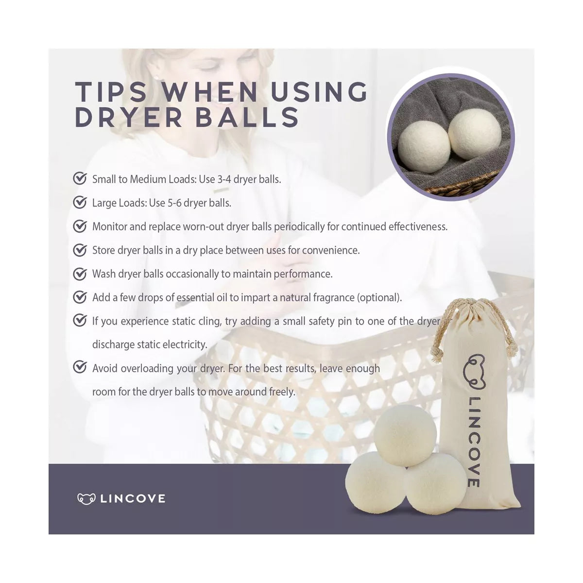 Lincove 100% Organic Wool Dryer Balls – Natural Fabric Softener, Reduces Drying Time & Static, Reusable, 1,000+ Loads
