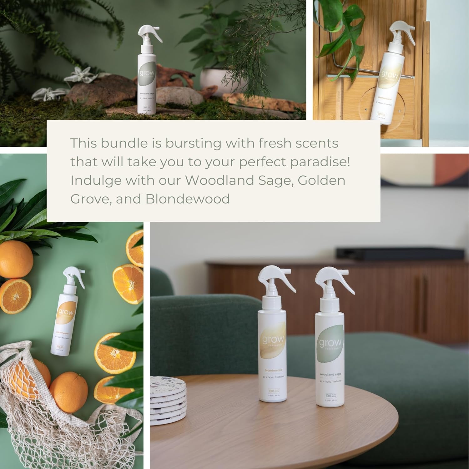100% Plant-Based Air Freshener Spray | Freshen Fabric & Rooms | Golden Grove, Woodland Sage, Blondewood Scents | Made with Natural Essential Oils - Variety 3 Pack, 5 Oz Each