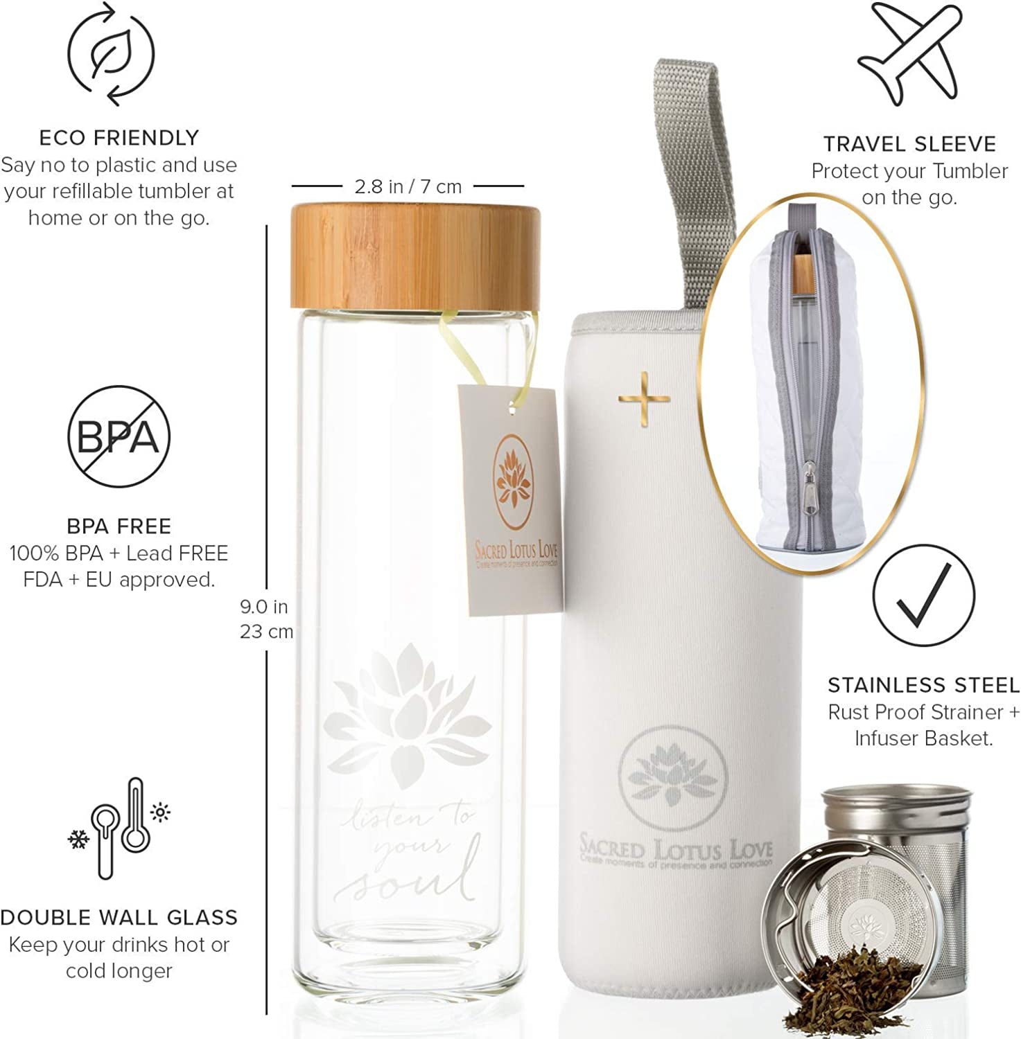 Double-Walled Glass Tea Tumbler with Infuser and Strainer 15Oz - Perfect for Loose Leaf Tea, Cold or Hot Water Bottle, Fruit Drinks - Comes with Travel Sleeve and Cozy