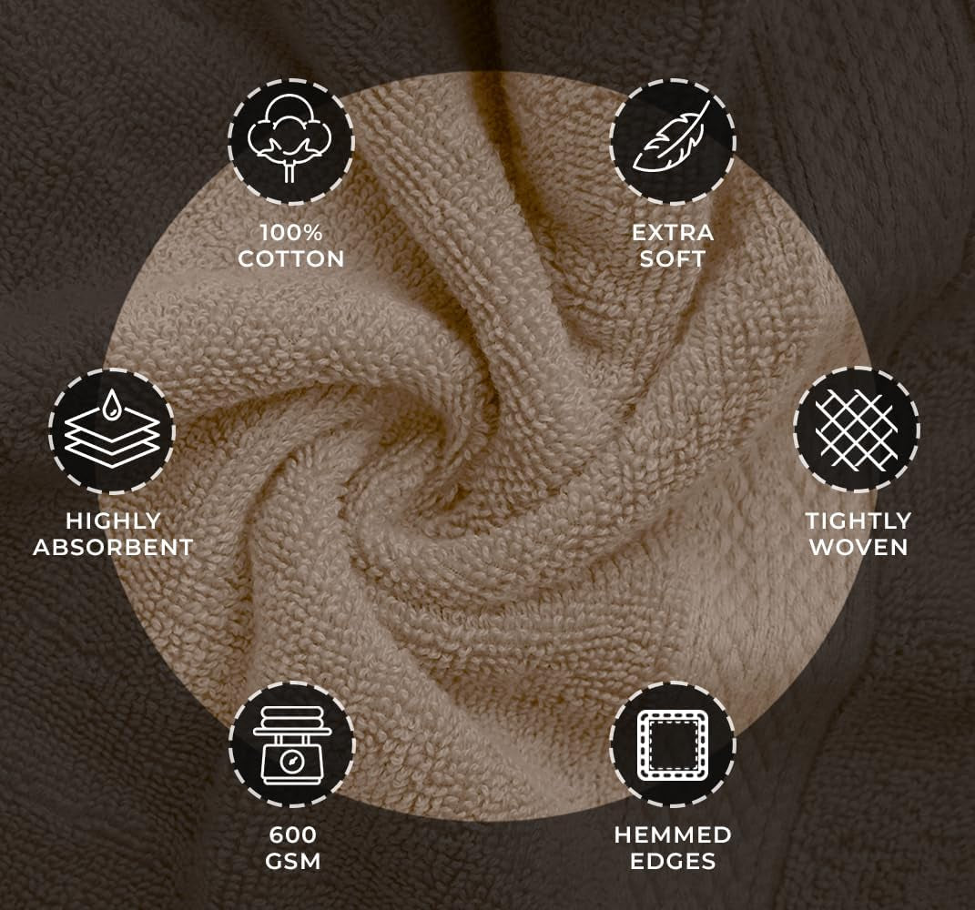 Luxury 8 Piece Beige Towels Set, 2 Bath Towels, 2 Hand Towels and 4 Washcloths, 600 GSM 100% Ring Spun Cotton Highly Absorbent Beige Bathroom Towels, Ideal for Hotel, Spa and Gym