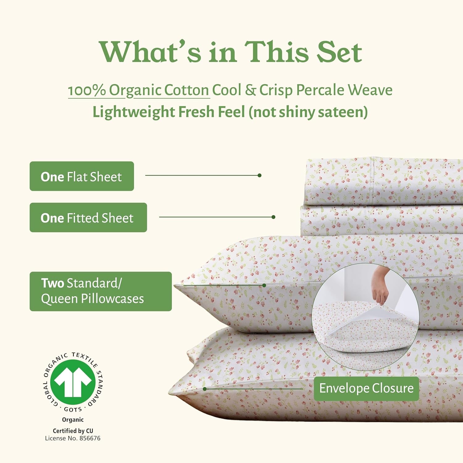 Full Sheet Set Floral, 100% Organic Cotton Percale Sheets, Deep Pocket Full Sheets & Pillowcase Set - Floral